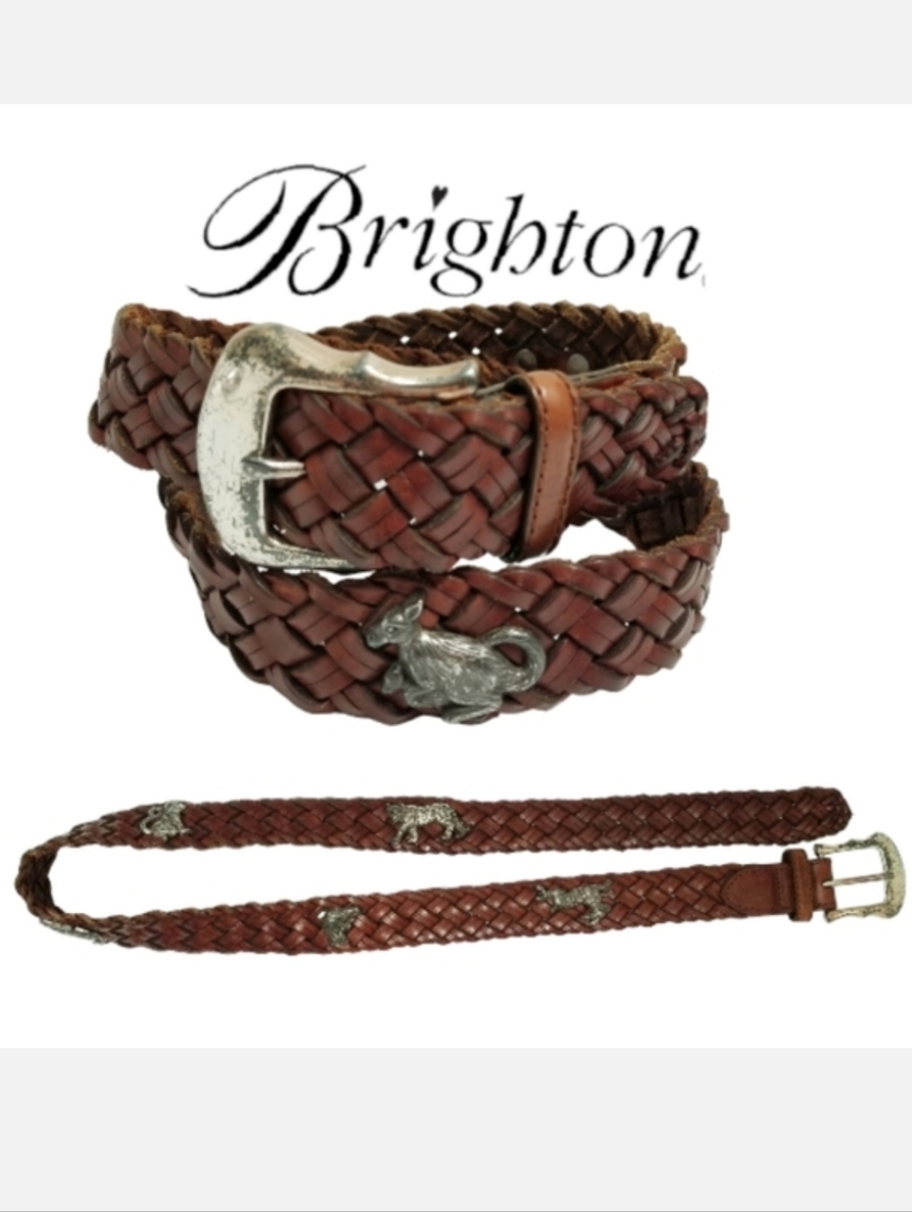 Brighton Vintage 90's Leather Belt Brown Braided Silver-tone Zoo Animals Sz 30